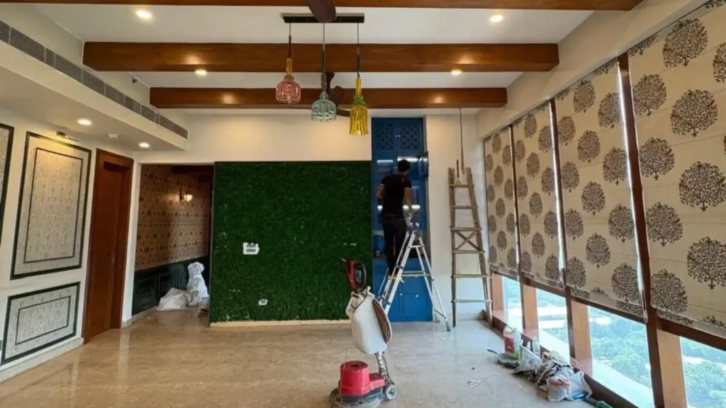Starclean professional cleaner deep cleaning a furnished apartment in Gurugram with a floor scrubbing machine
